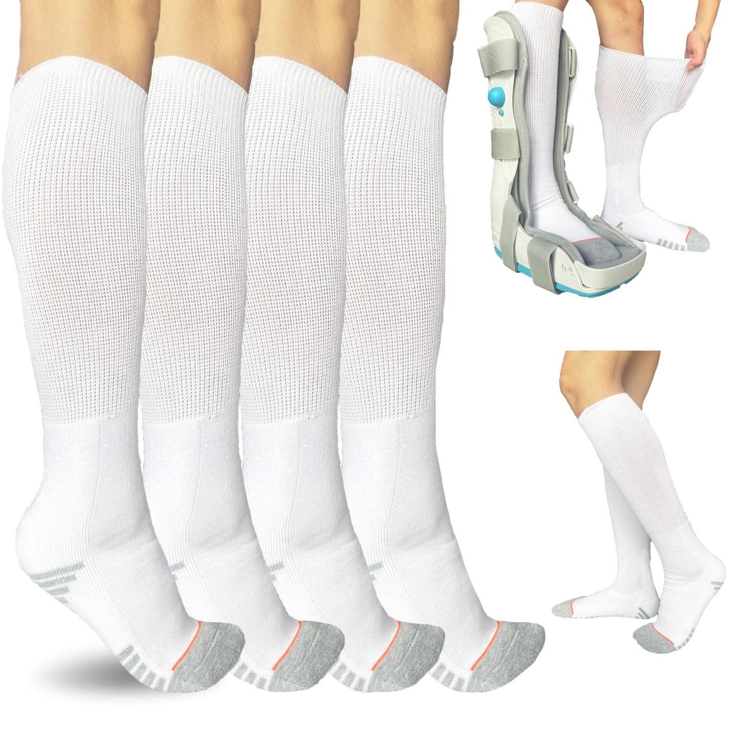 Ioryzek Walking Boot Socks air Cam Walker Cast Socks 2 Pairs Fracture Boot Brace Socks Surgical Orthopedics Socks for Men Women (US, Alpha, One Size, Regular, Regular, White-2pairs)