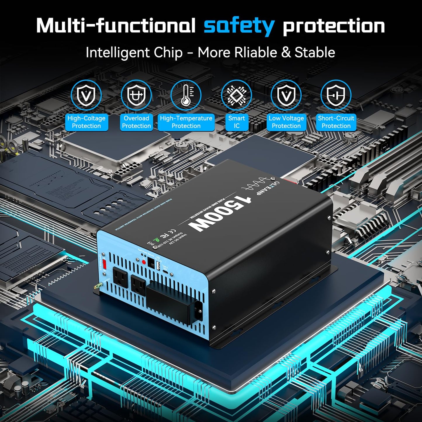 1500W Pure Sine Wave Power Inverter with Transfer Switch, 12V DC to 120V AC Converter, 3000W Peak, Auto Switch to Shore Power, Remote LCD Controller, USB & Type-C for RV, Truck, Off-Grid