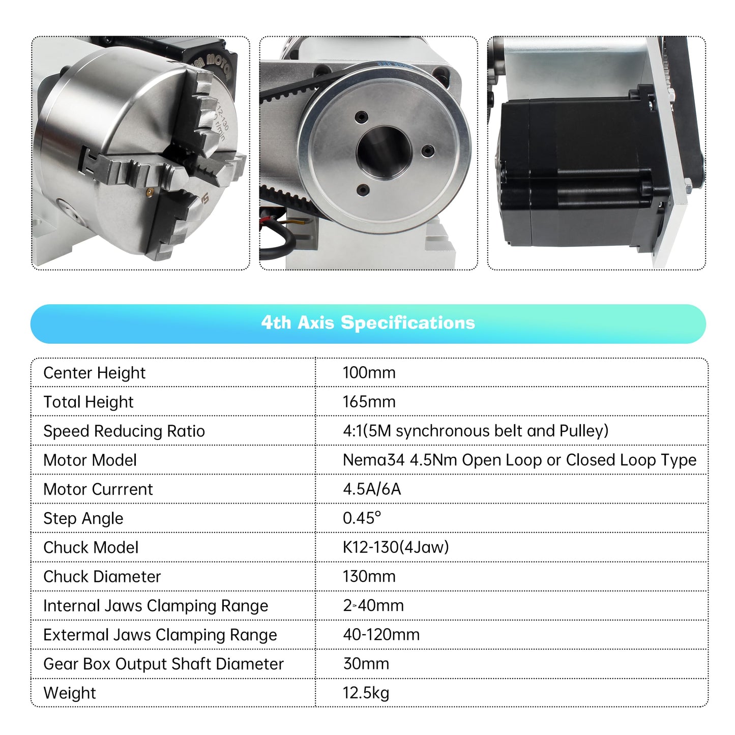 RATTMMOTOR K12-130mm CNC Router Table Rotary Milling Machine Rotational Axis A 4th Axis, 4 Jaw Chuck Dividing Head, 4.5N.m Closed Loop Servo Motor+2HSS86 Driver