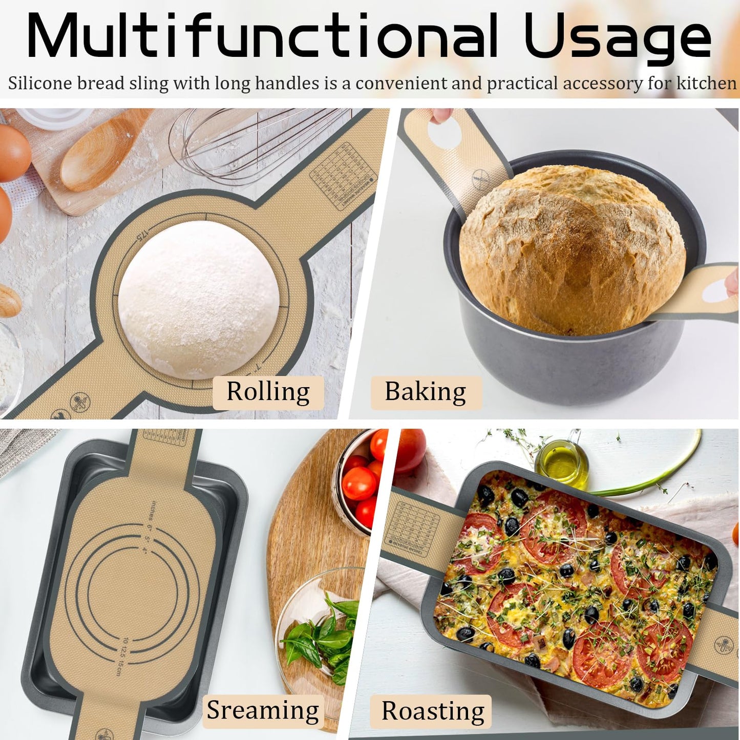 WNATN 2pcs Silicone Bread Sling for Dutch Oven, Non-Stick & Easy Clean Reusable Silicone Bread Baking Mat with Long Handles, Easy to Transfer Sourdough Bread(Grey), medium, Gray