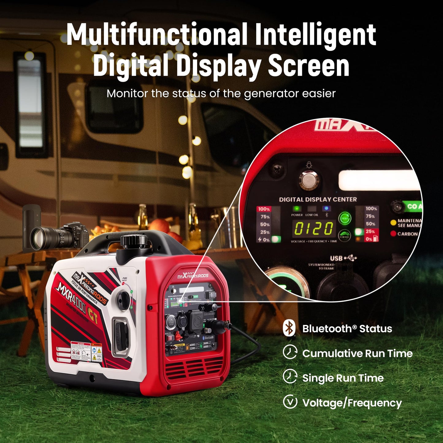 maXpeedingrods 4000 Watt Dual Fuel Inverter Generator with Bluetooth® Control Start and Display, RV Ready, Electric Start, Quiet for Outdoor Camping, Home Backup, Garden，PGMA Compliant