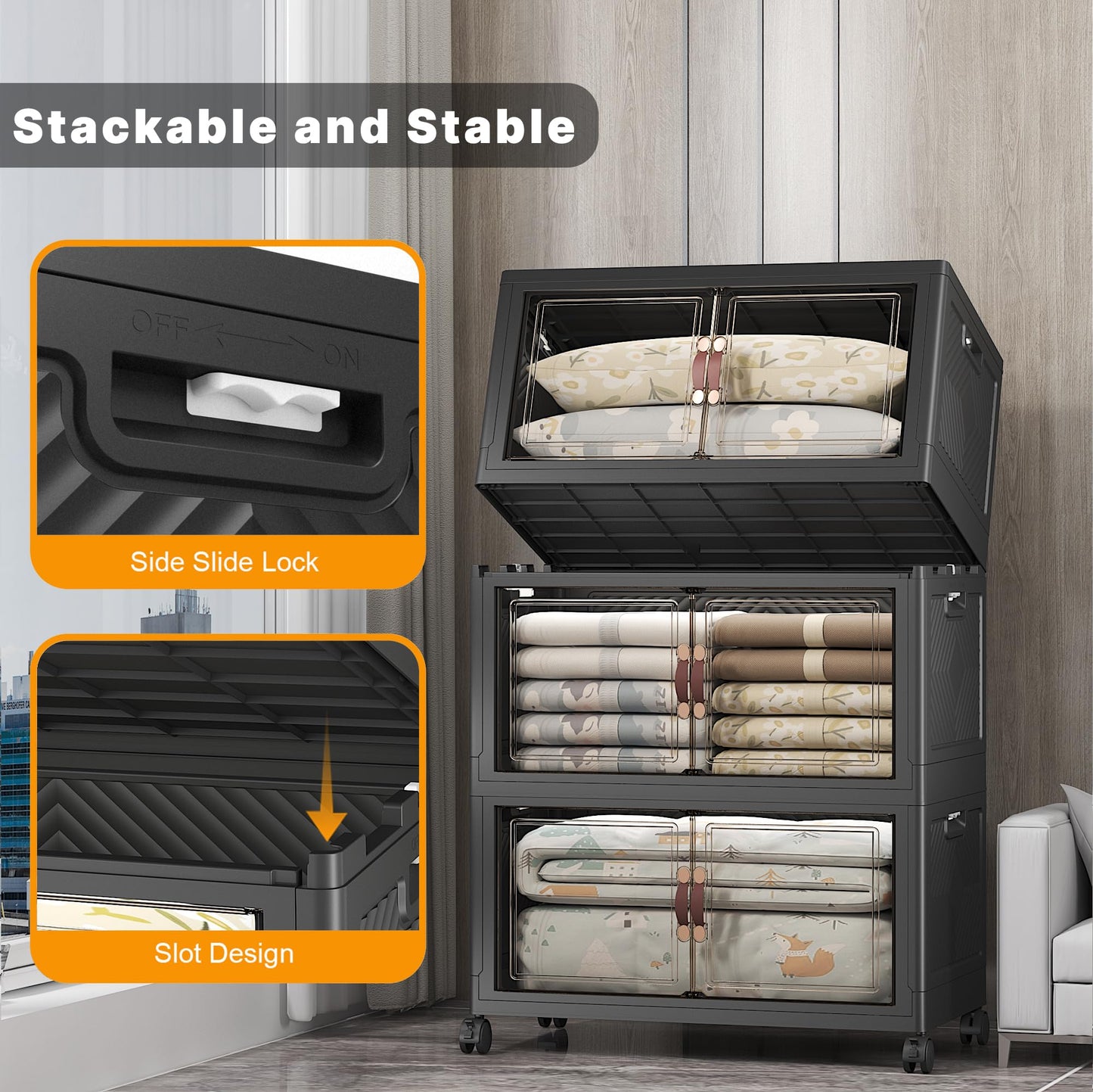 UAMFURI Stackable Storage Bins with Lids & Wheels & Door, Foldable Collapsible Closet Organizers, Extra Large Plastic Storage Drawers for Bedroom Dorm Office Garage (Dark-175QT, 3Pack with 1 top lid)