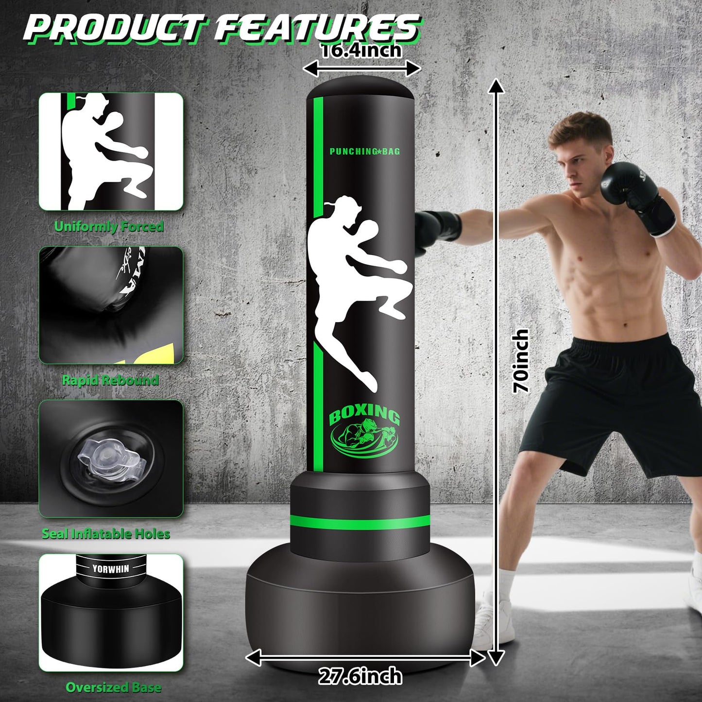 Heavy Freestanding Punching Bag for Adults Teens, 70” Standing Boxing Bag with Gloves and Pump, Women Men Stand Kickboxing Bags for Boxing Training MMA Fitness Home Gym Martial Arts