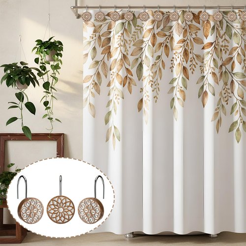 BreezeHug 12pcs Boho Shower Curtain Hooks Decorative Shower Curtain Hangers for Bathroom Rod Resin Round Rings with Brown Floral Pattern, Waterproof