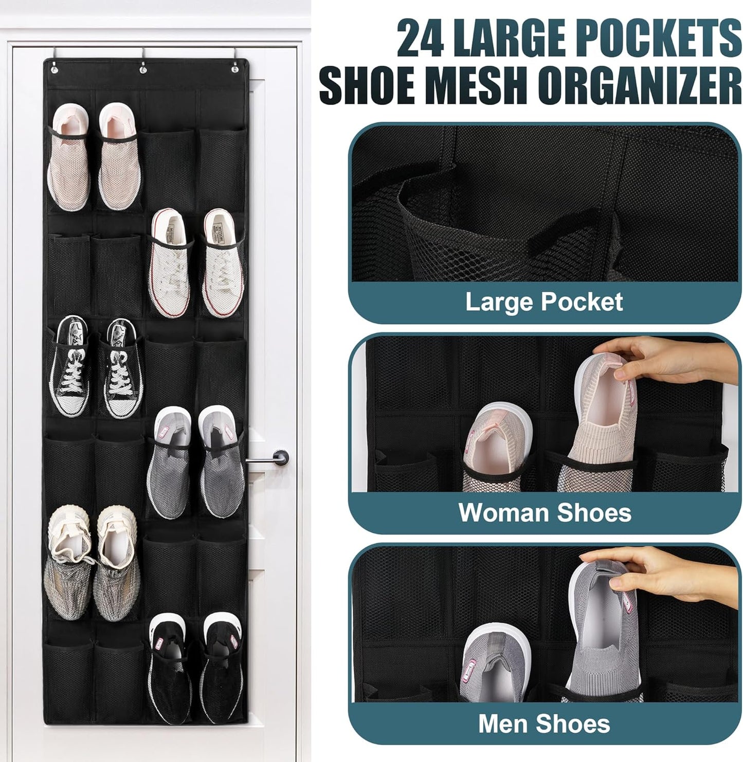 Skiennix Over The Door Shoe Organizer - 24 Large Pockets for Enhanced Closet Storage Solutions