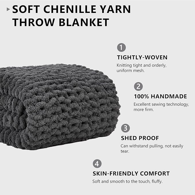 L'AGRATY Chunky Knit Blanket Throw: 60''x80'' Chenille Chunky Knitted Throw Blankets for Twin Bed Couch - Handmade Thick Cable Knit Blanket - Large Crochet Rope Blankets for Home Decor(Dark Grey)