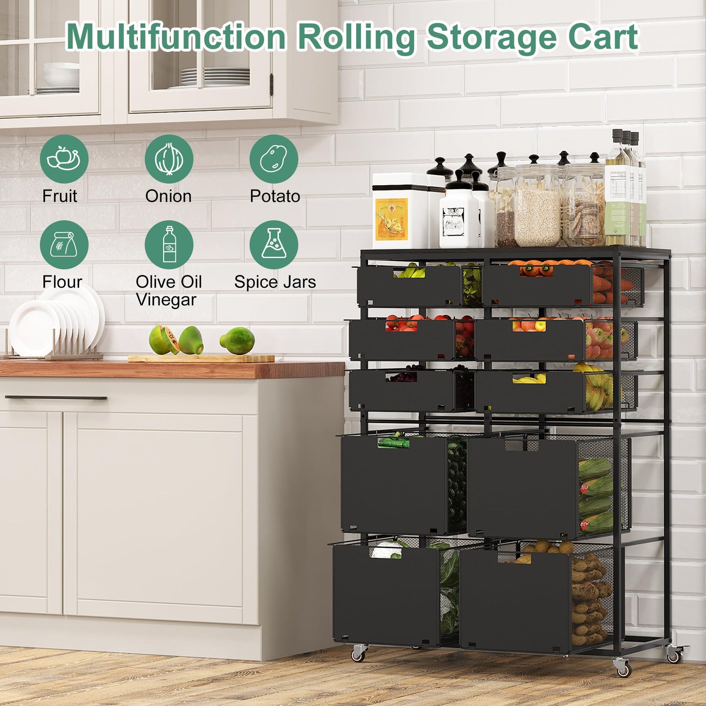 EasyPAG Rolling Storage Cart With 10 Drawers, Metal Craft Organizers And Storage Cart With Wood Tabletop, 30 Lbs Capacity Per Drawer For Home Office Classroom And Dorm, Black