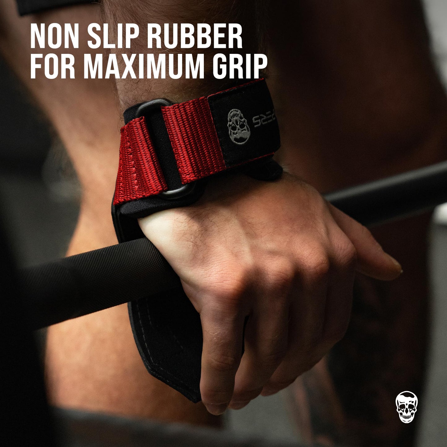 Gymreapers Weight Lifting Grips (Pair) for Heavy Powerlifting, Deadlifts, Rows, Pull Ups, with Neoprene Padded Wrist Wraps Support and Strong Rubber Gloves or Straps for Bodybuilding (Red, Large)