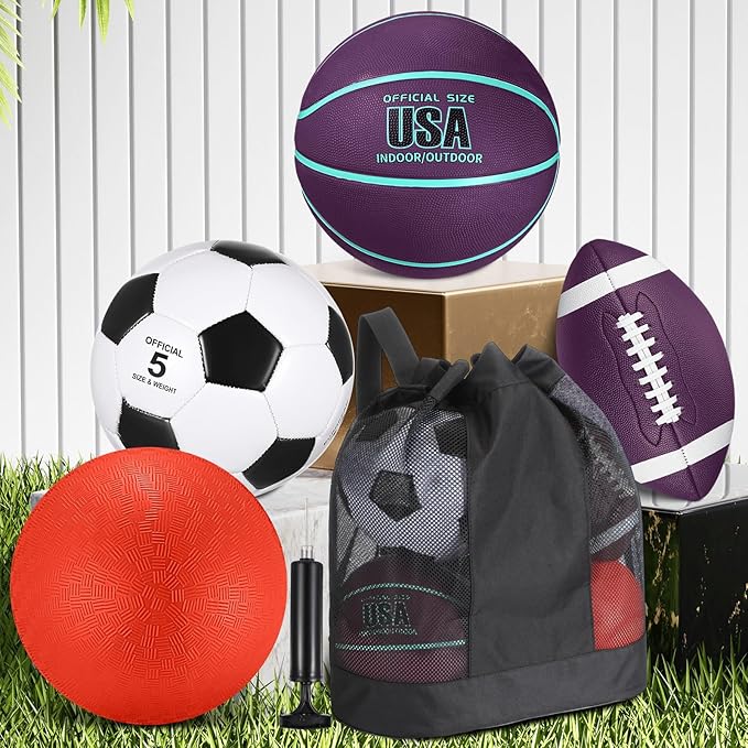 Lenwen 4 Pcs Sports Balls Set, Include Official Size Basketball Soccer Football Playground Ball Pump Equipment Bag for Teen Adult Gift Operation Christmas Ball Gifts