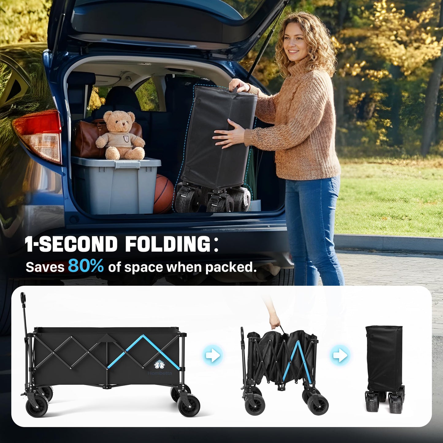 HOMBETTA 48" XL Collapsible Wagon Cart, 400L Heavy Duty Folding Wagon with All-Terrain Wheels, 560 lbs Capacity Utility Wagon for Camping, Garden, Sports, Beach and Shopping