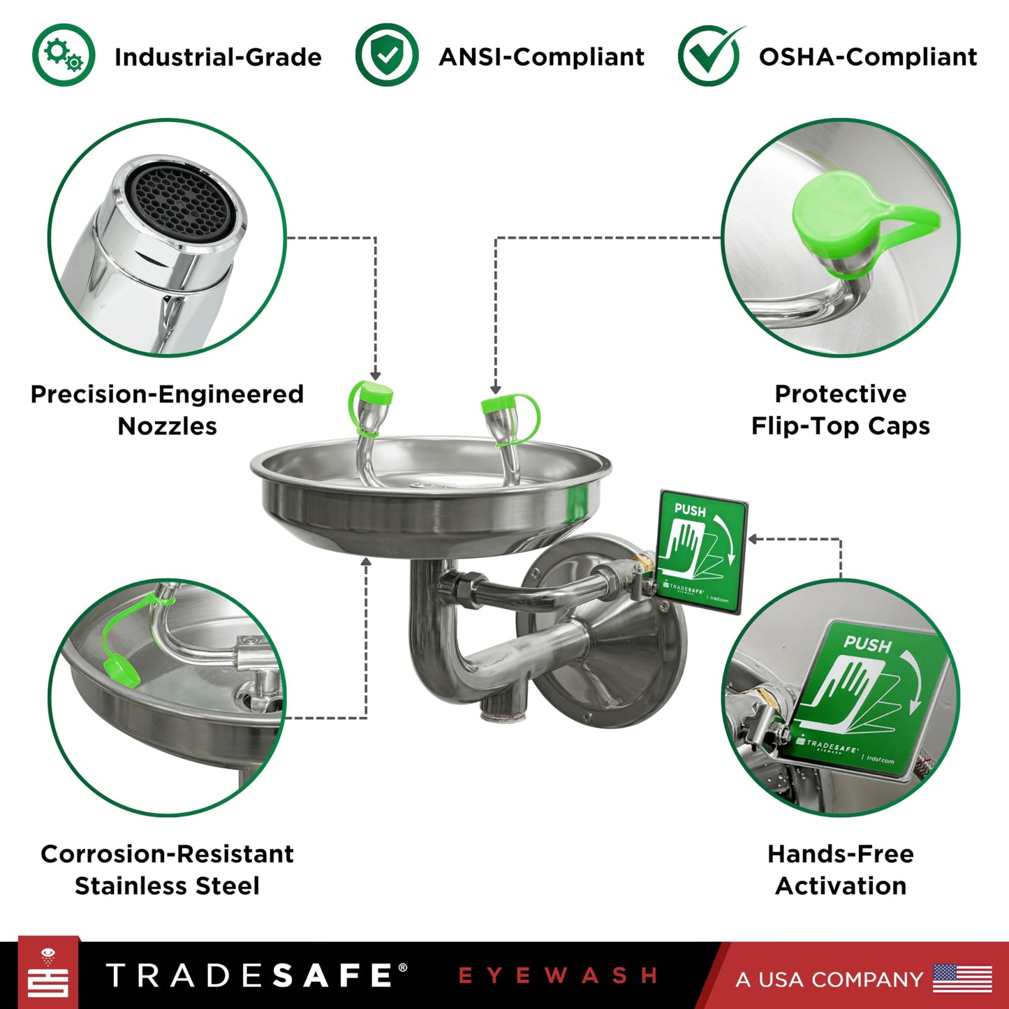 TRADESAFE Eye Wash Station OSHA Approved - Wall Mounted Emergency Eye Wash Station, Stainless Steel Eyewash Station, Aluminum Eye Wash Station Sign Included