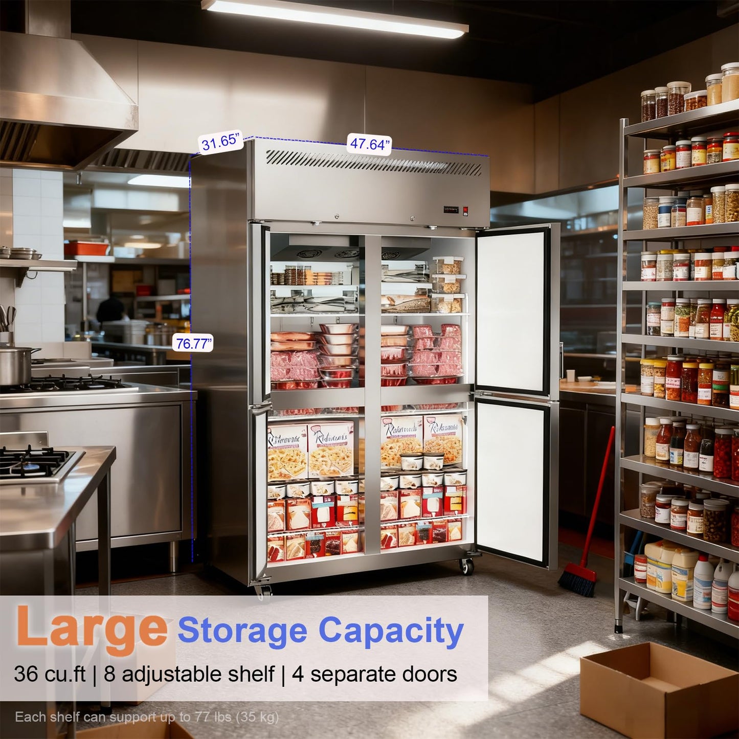 ECEVT 48"W 4 Door Commercial Freezer, 36 Cu.ft Stainless Steel Upright Freezer (-8℉ to -1℉) with 8 Adjustable Shelves, Lockable Door, Wheels, Auto-Defrost for Restaurant, Kitchen, Shop