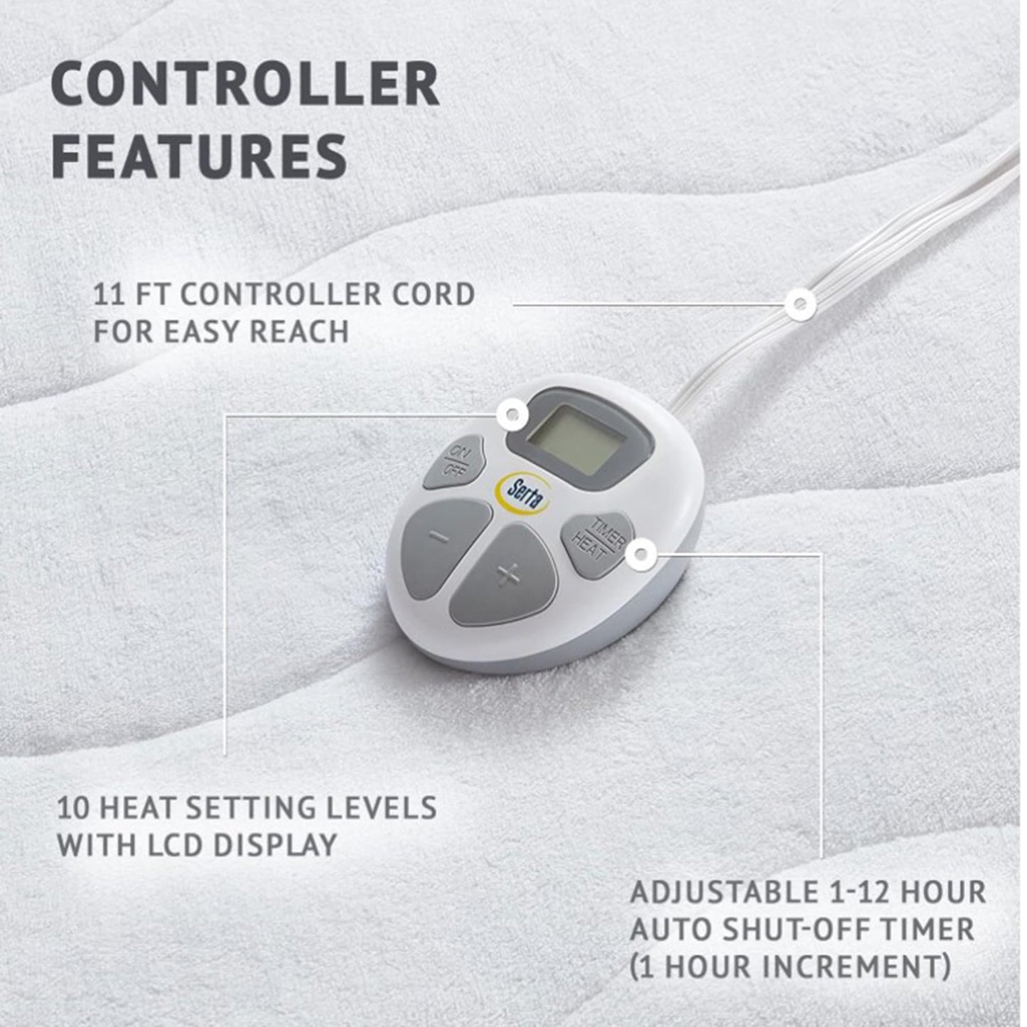 Serta Plush Heated Mattress Pad - Electric Bed Warmer with 10 Heat Settings, Auto Shut Off Timer, Deep All Around Elastic Pocket - Machine Washable Electric Mattress Pad, ETL Certified, Twin XL, White