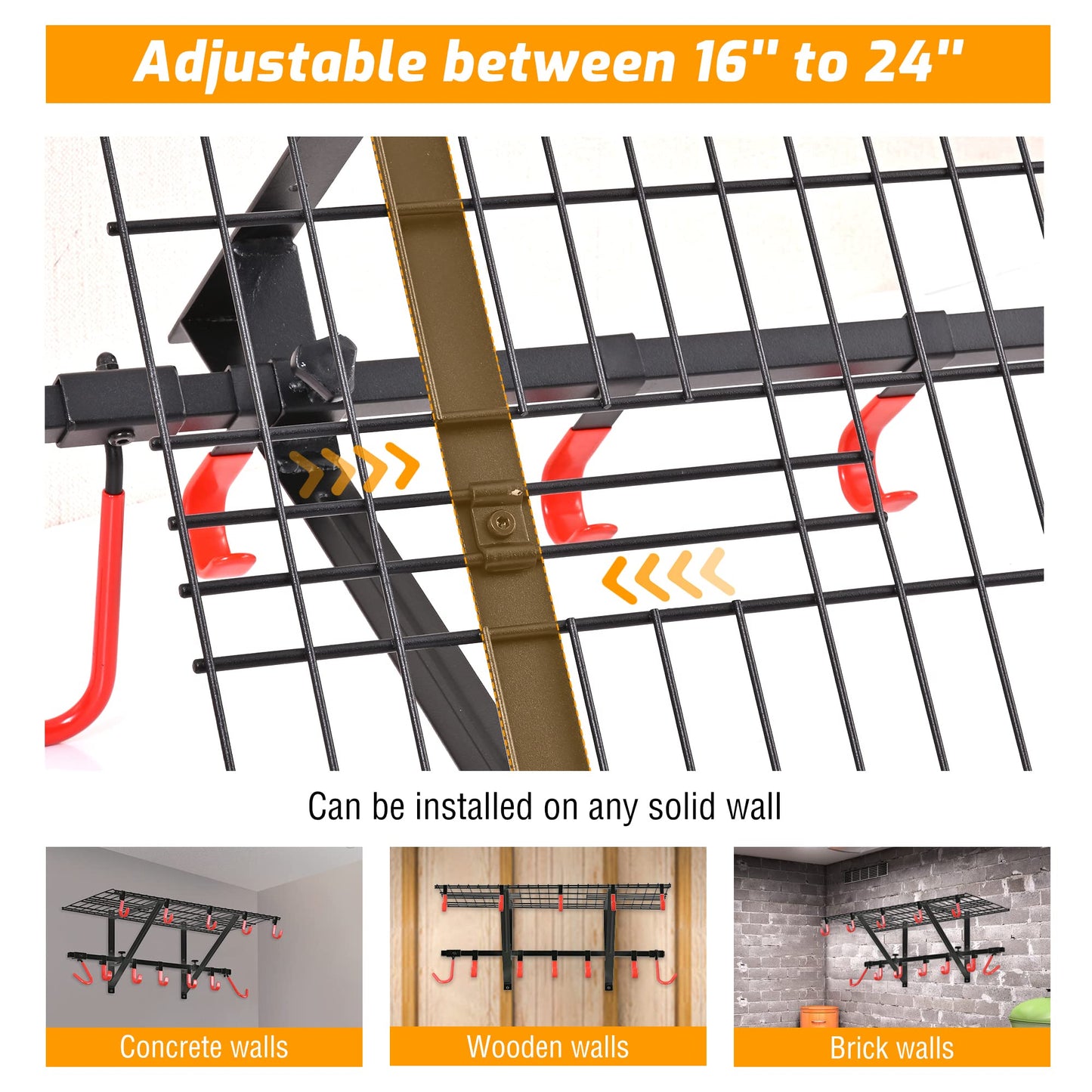 PLKOW Garage Wall Shelving 4-Pack Includes Bike Hooks, Sturdy Adjustable Garage Shelving Wall Mount Wall Organizer (Black, 4-Pack)