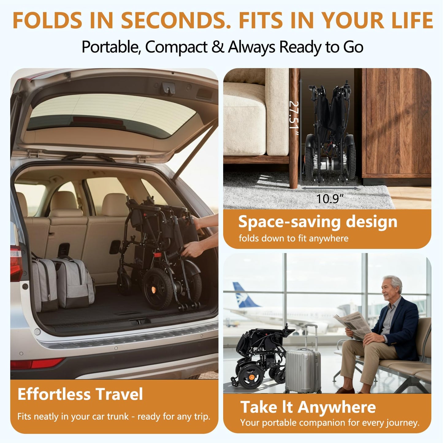Electric Wheelchair for Adults – Foldable & Portable | 500W Dual Motors, Motorized Power Wheelchair, 15+ Travel Range, 300 lbs Capacity, Comfortable & Safe for Seniors (Orange)