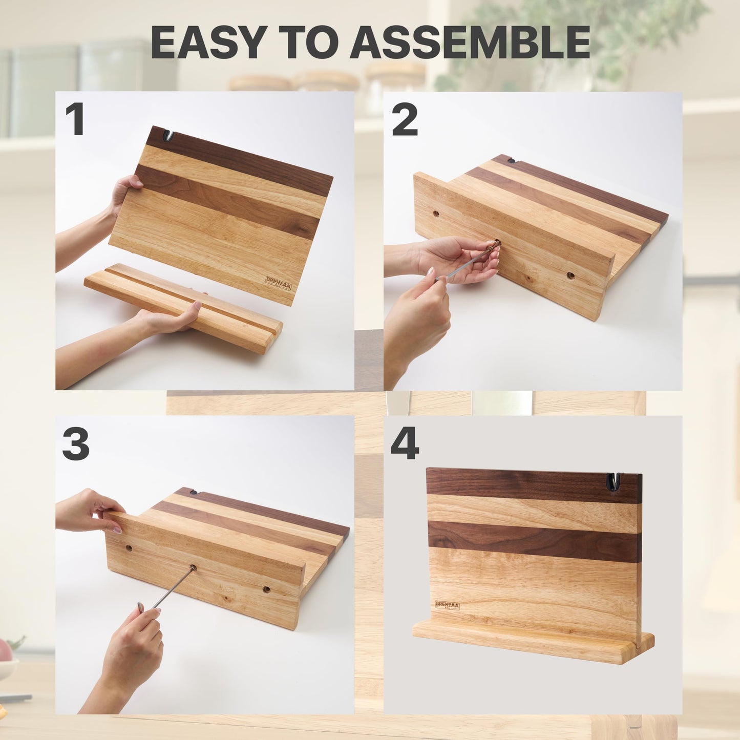 BRENZAA Magnetic Knife Block with Built-in Sharpener, 14 inch Double Sided Wood Knife Holder for Countertop, Universal Knife Stand without Knives (Rubberwood and Walnut Decor)