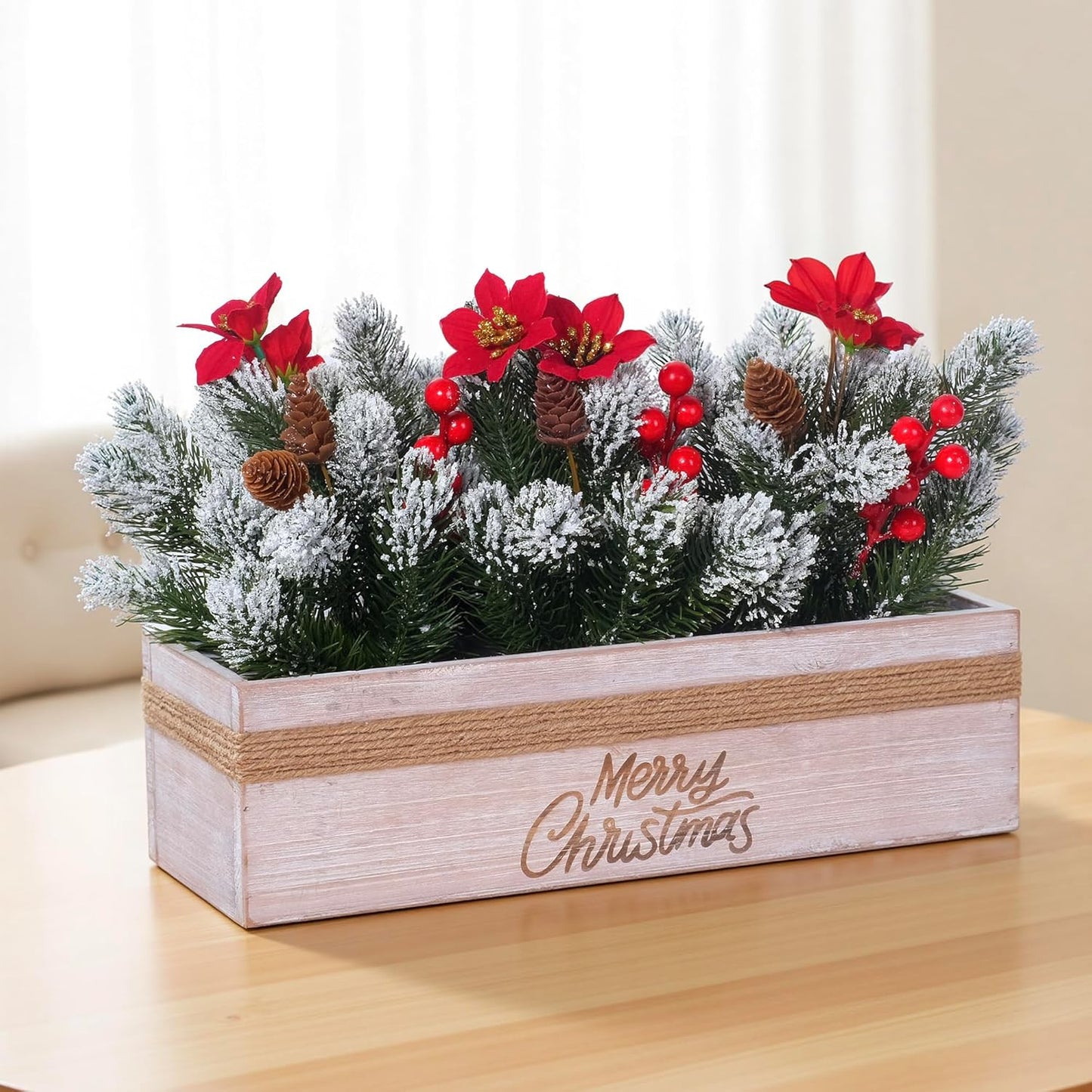 SVENJBB Christmas Table Centerpiece - Red Poinsettias & Snowy Norfolk Pine in Wooden Box | Festive Holiday Decor