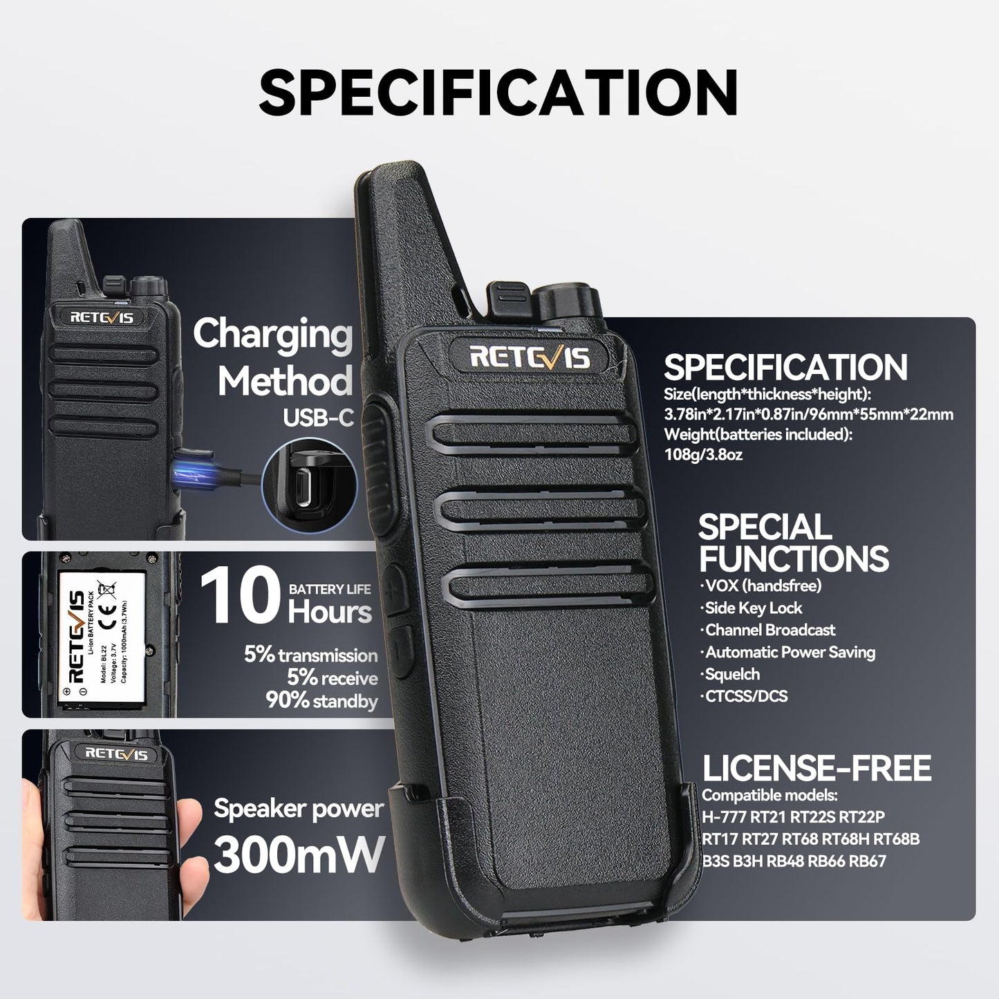 Retevis RT22 Walkie Talkies Rechargeable Hands Free 2 Way Radios Two-Way Radio(6 Pack) with 6 Way Multi Gang Charger