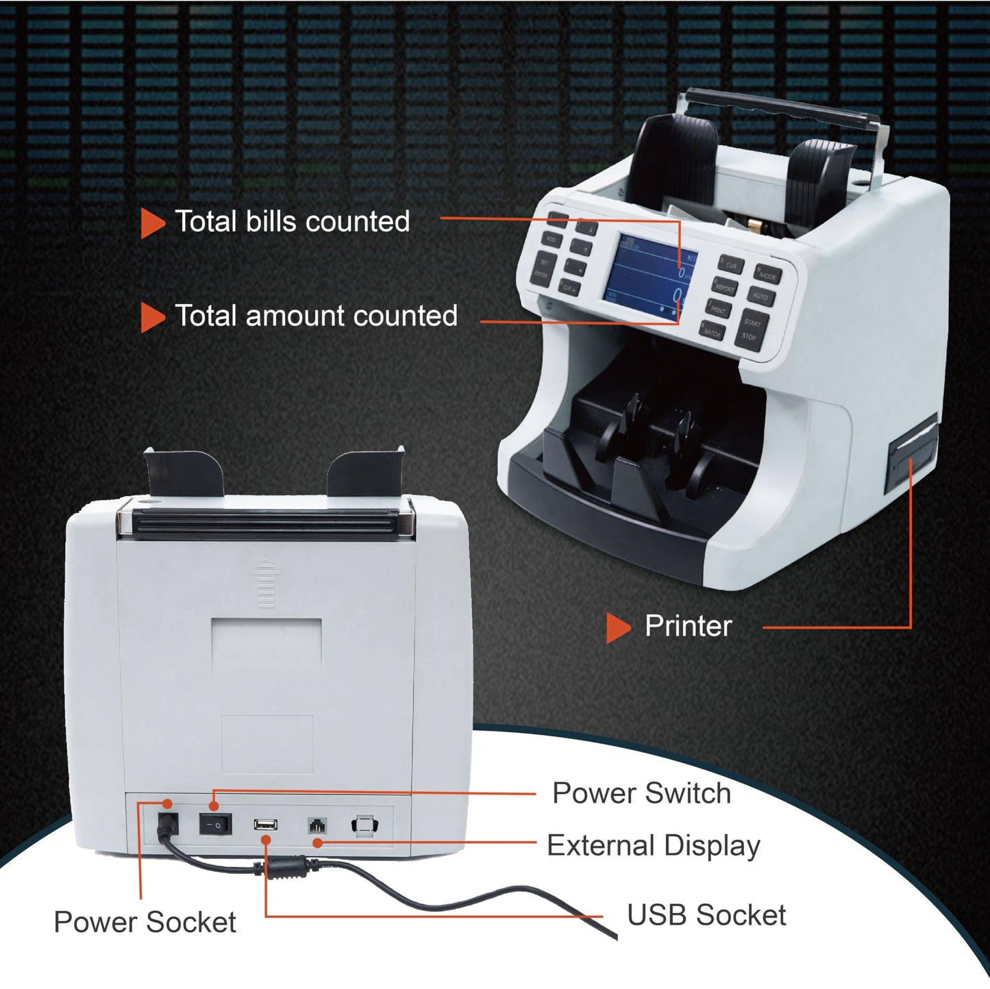 Oukeyer H-8700 Bank Grade Mixed Denomination Money Counter Machine, IMG/WL/UV/MG/IR/DD Counterfeit Detection, Bill Counter, Currecny Cash Counter, 3.5inch TFT Disaplay, Built-in Printer