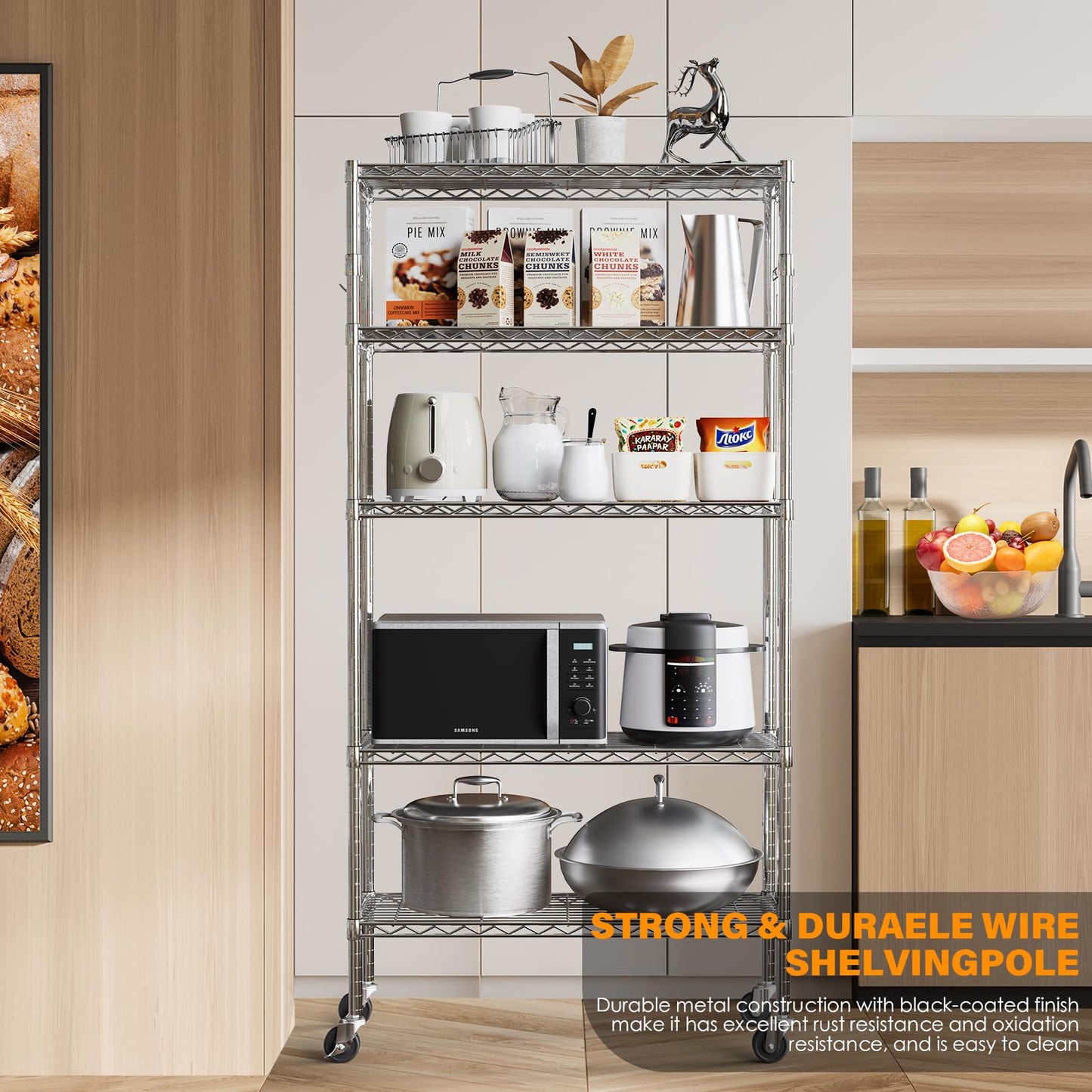 YNN Storage Shelves,1750Lbs 5 Tier Heavy Duty Metal Rolling Shelving Unit with Wheels & 8 Hooks, Adjustable Garage Wire Rack for Kitchen, Bathroom,Industrial,Pantry(36" W x 14" D x 72" H, Chrome)