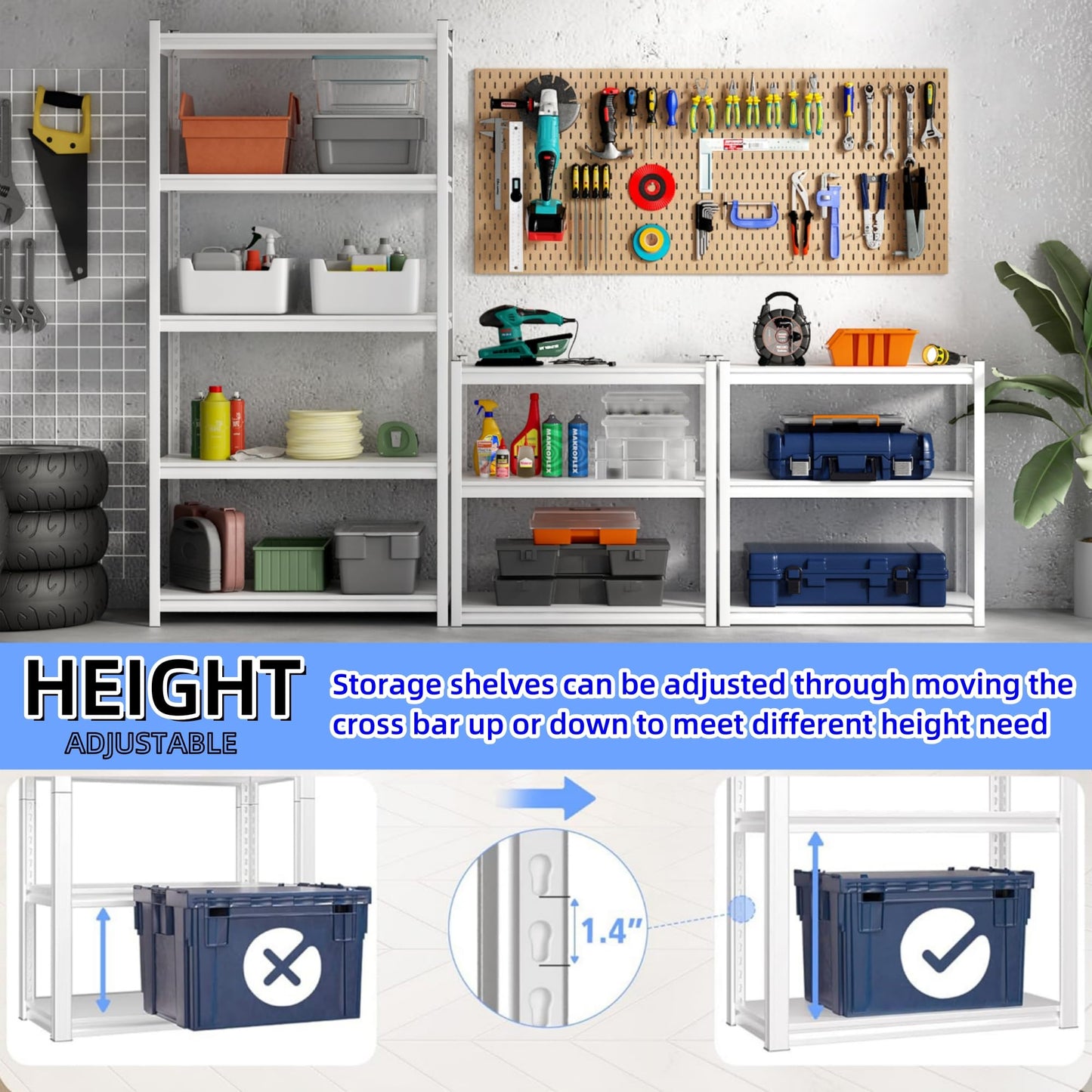 Elitehouse 5 Tier Metal Storage Shelves Adjustable Garage Shelving, Heavy Duty Industrial Utility Rack Organization for Kitchen, Pantry, Closet, Garage, Office (White)
