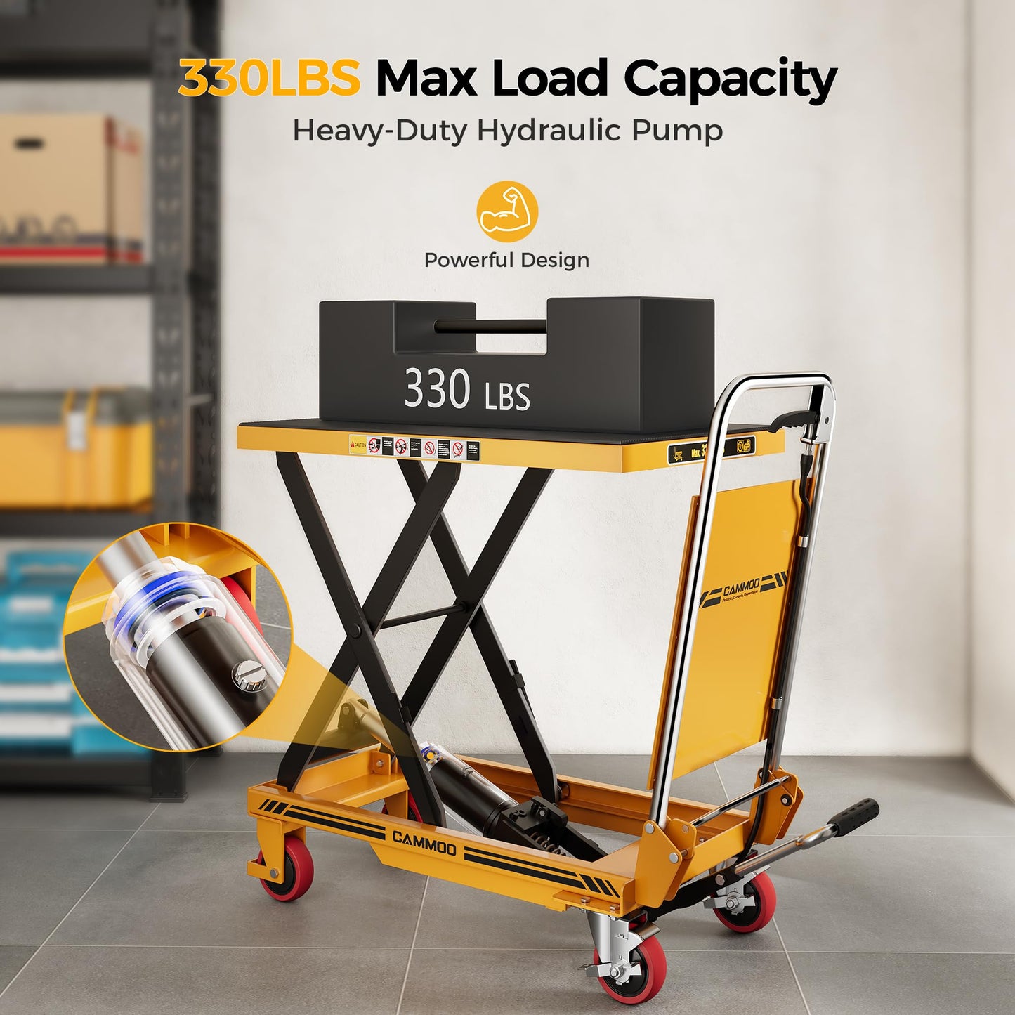 CAMMOO Foldable Hydraulic Lift Table Cart, 330lbs Capacity, 28.5" Lifting Height, Single Scissor Lift with Non-Slip Pad & Thickened Scissors Design for Material Handling and Transportation, Yellow