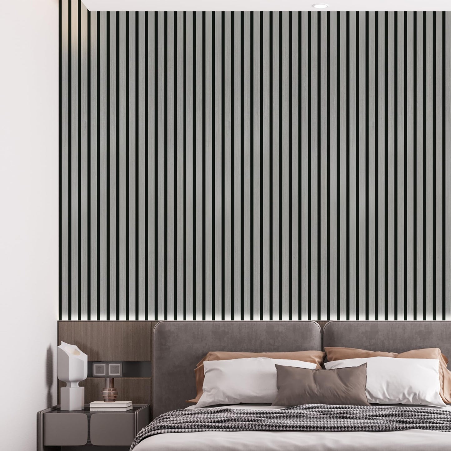 INNO STICKERS 3-Pack Wood Slat Wall Panel for Interior Wall Decor Noise Cancelling 94.5" x 11.4" Acoustic Decorative 3D Sound Absorbing Wall Paneling, Gray Oak, Covers 22.4 Sq. Ft