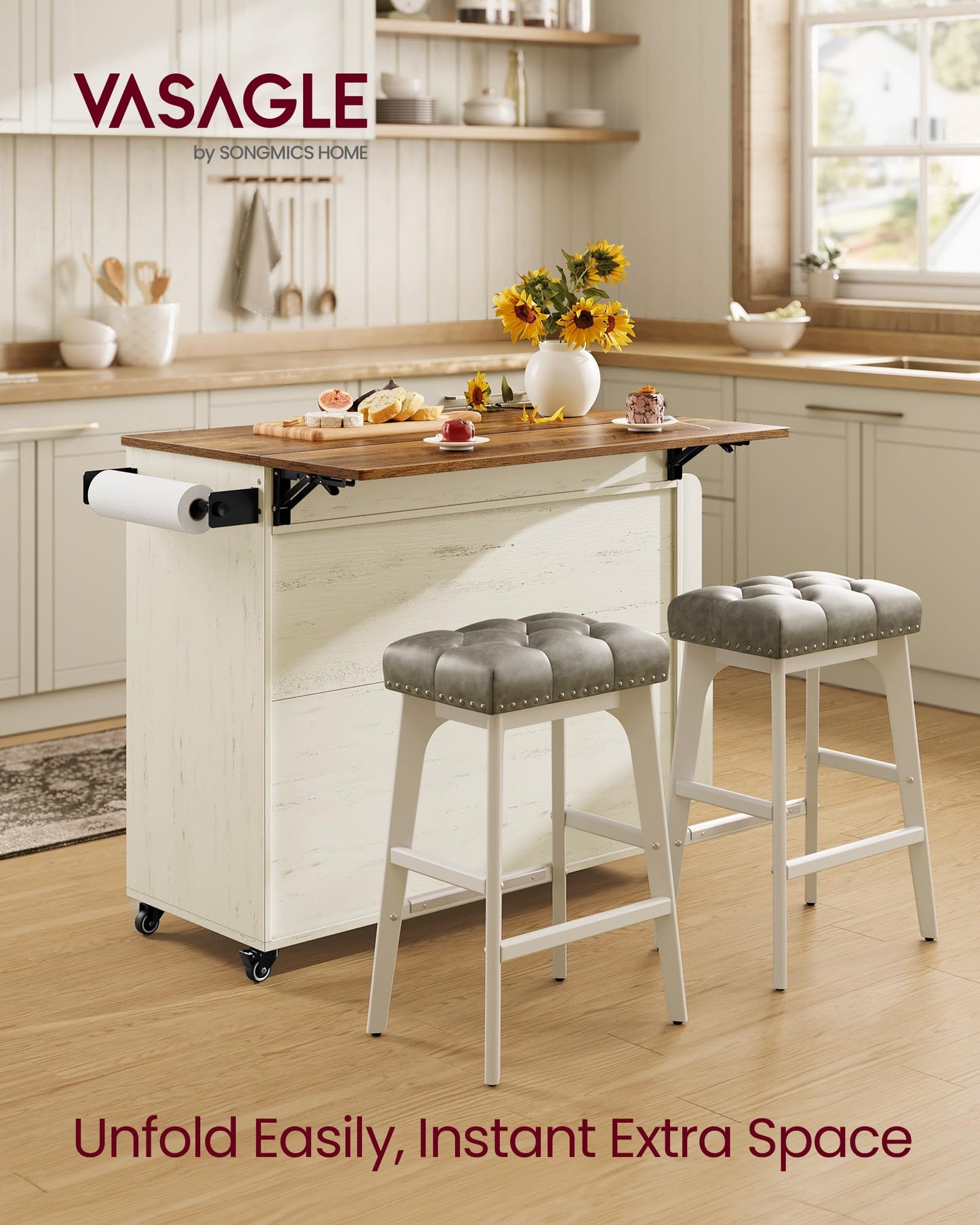 VASAGLE Mobile Kitchen Island with Drop Leaf, Portable Island with Spice Rack, Mobile Cart with Storage Cabinet, 17.7-28.7 x 49.3 x 36 Inches, for Dining Room, Rustic White and Honey Brown UKKI012W01