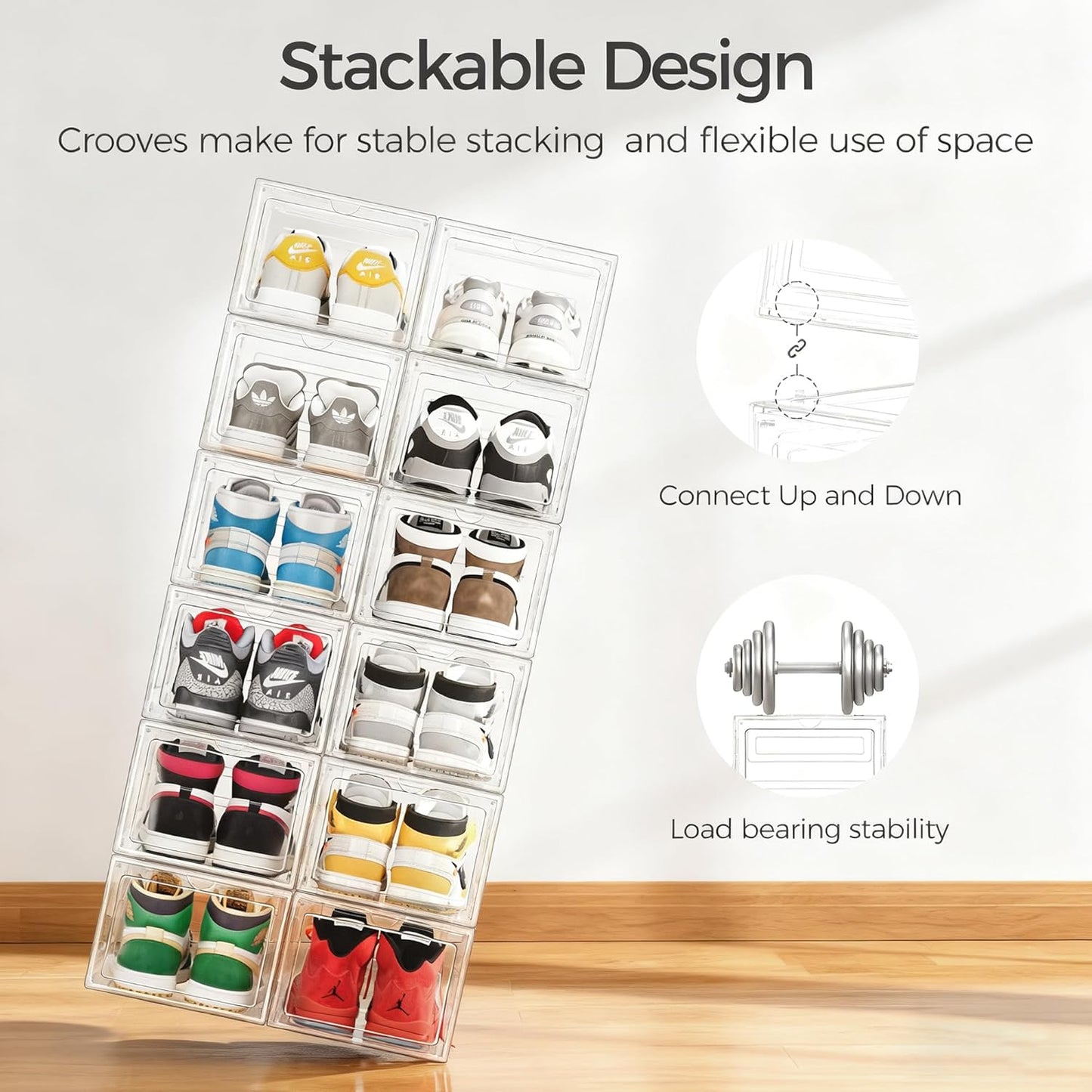 Pinkpum X-Large Hard Shoe Storage Box - 12 Pack Clear Plastic Stackable Organizer with Magnetic Door