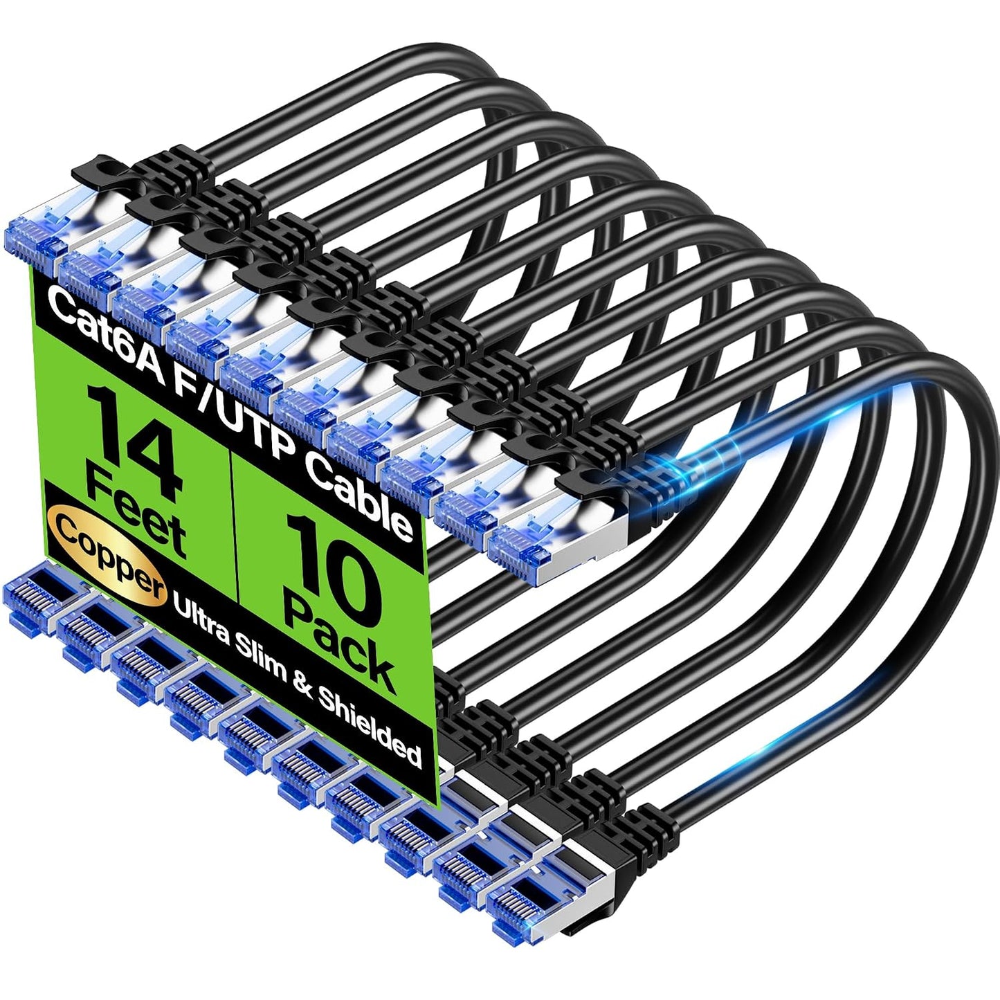 TuokaJu Cat6A 10Gbps 14 (10 Pack), 6, 28AWG Cat6 Cat6a Ethernet Cable Shielded ft Slim Shielded (F/UTP) Ethernet Cable
