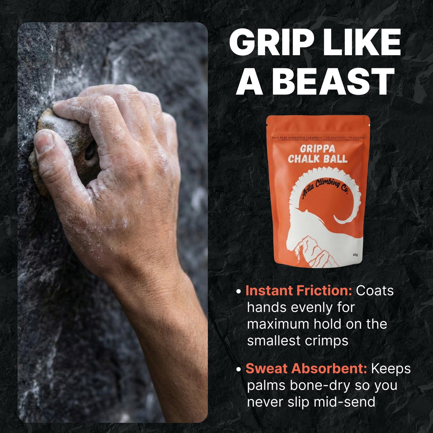 Avila Climbing Co. Climbing Chalk Ball, Performance Friction Gymnastics Chalk 100% Magnesium - Ultra Grip for Lifting, Rock Climbing, Gym, Weights & More! Long Lasting & Skin Friendly