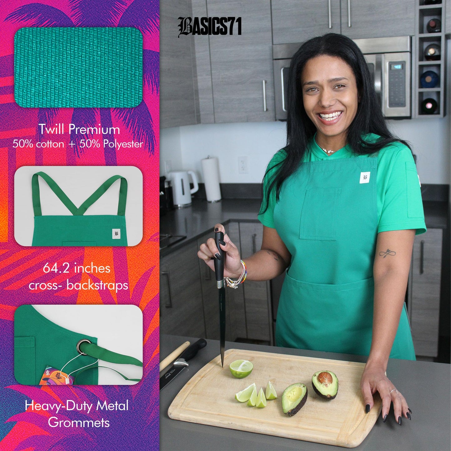 Basics71 Multi-Purpose Chef Apron – Kitchen, Grill & Restaurant Work Apron for Men & Women – Adjustable Fit – Durable Cotton Blend – Designed for All-Day Performance (Esmerald Green)