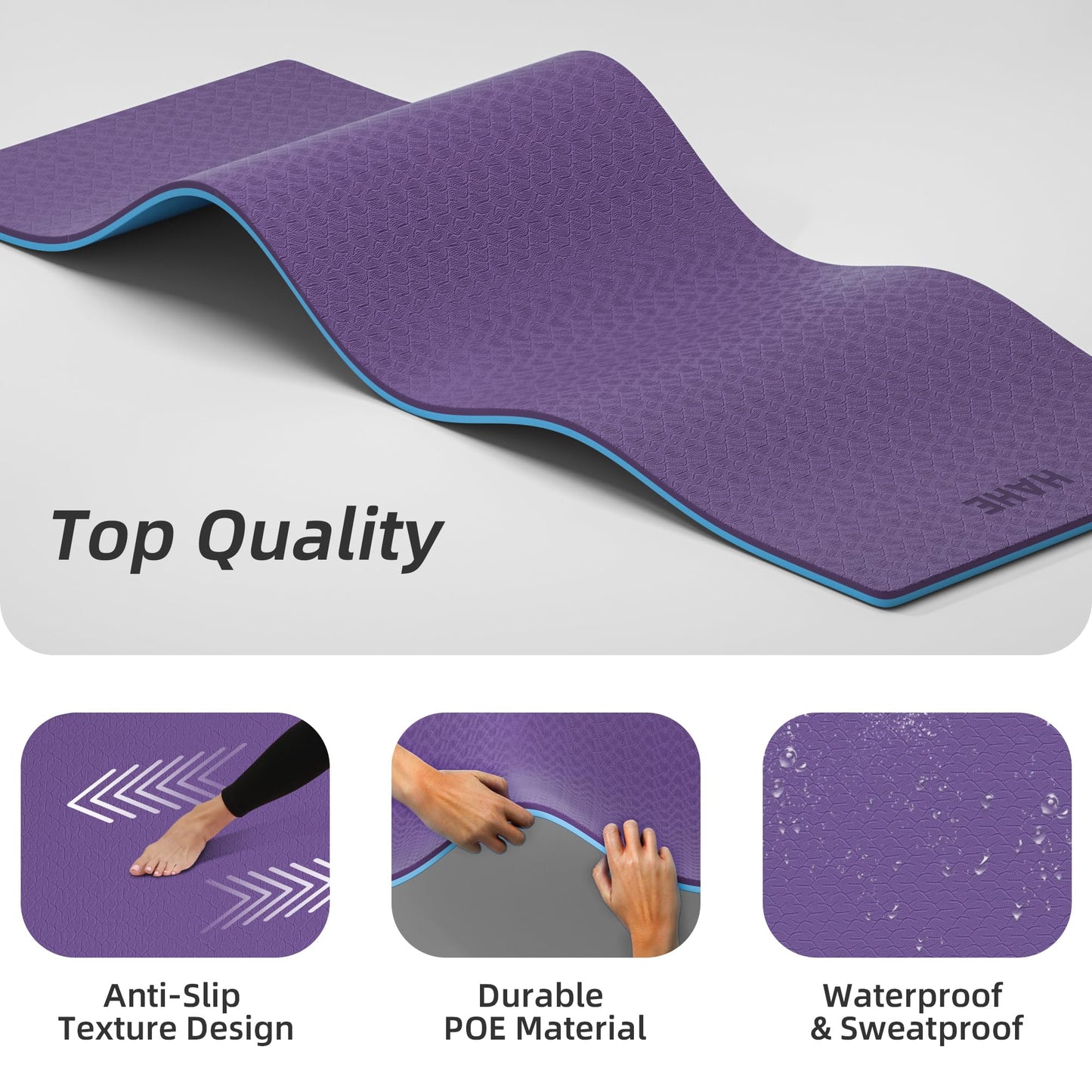 HAHE Extra Thick Yoga Mat, 72"Lx32"Wx0.4"Th (10mm), Wide Non-slip Exercise Mats with Carry Strap, Double-Sided POE Fitness Mat for Yoga, Pilates & Floor Workouts (Purple+Sky Blue)