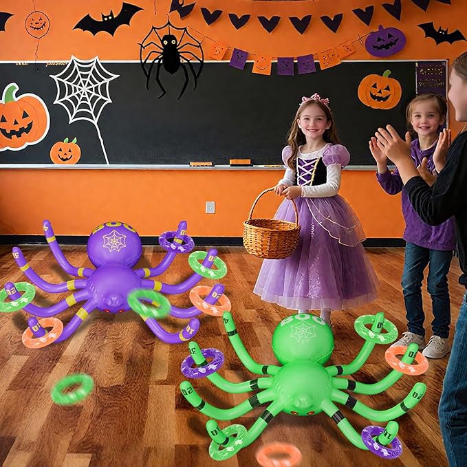 Halloween Spider Ring Toss Game, 2 Pack Inflatable Green and Purple Spiders with Rings and Pump, Fun Halloween Party Games for Kids Outdoor Trick or Treat Toys Carnival Decorations Party Favors