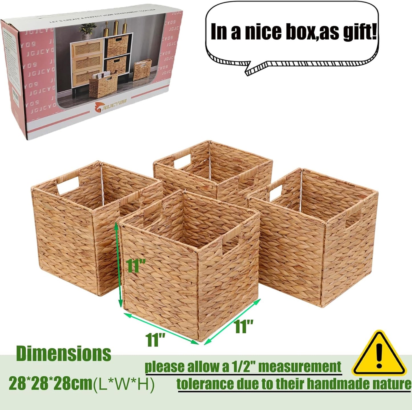 Regine Switzerland Storage Baskets - 4 Pcs Foldable Handwoven Water Hyacinth Bins | 11x11in Square Design for Laundry Organization