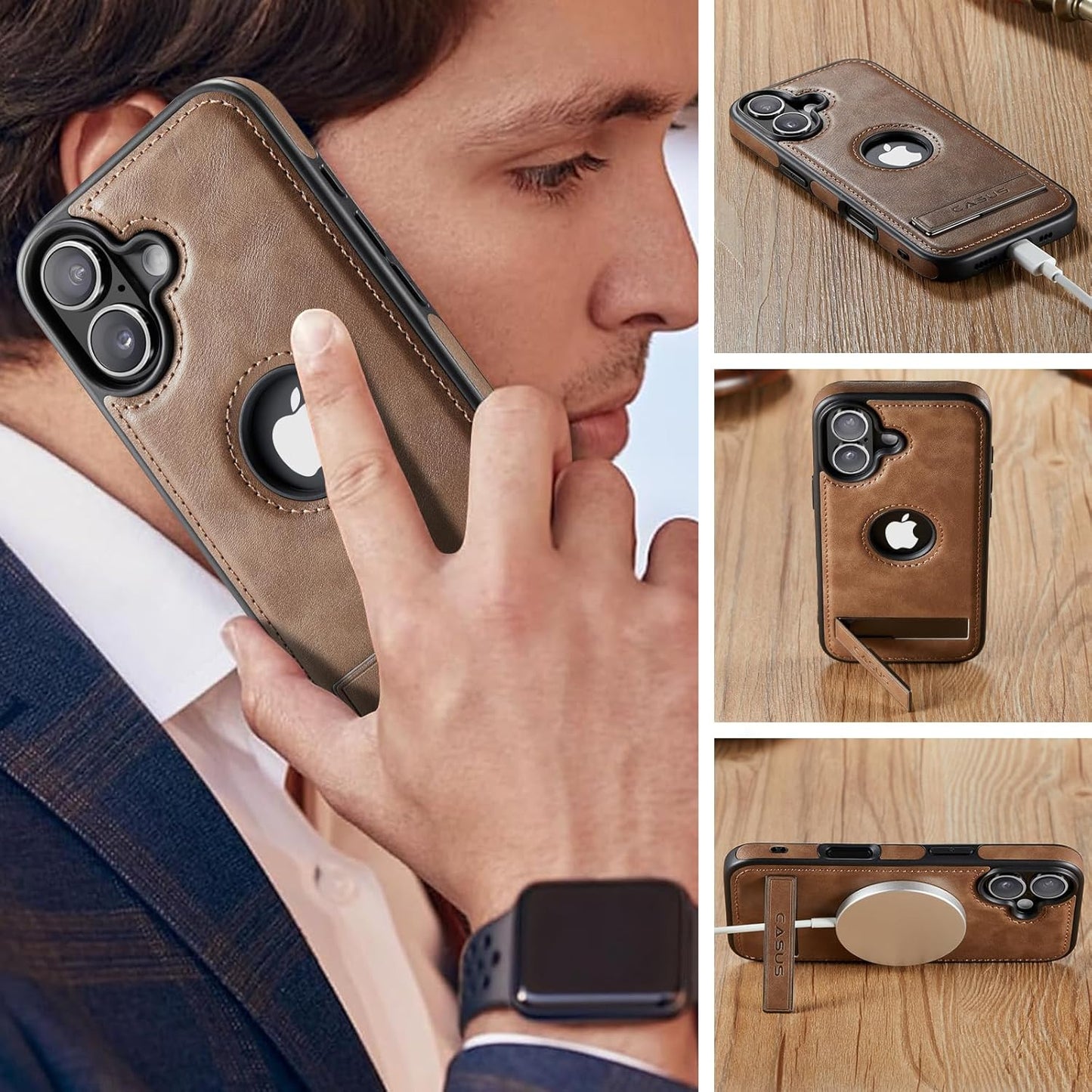 C Casus 17 6.3 Inch (2025), Casus for iPhone Case with MagSafe, Slim Kickstand Vegan Leather Protective Cover