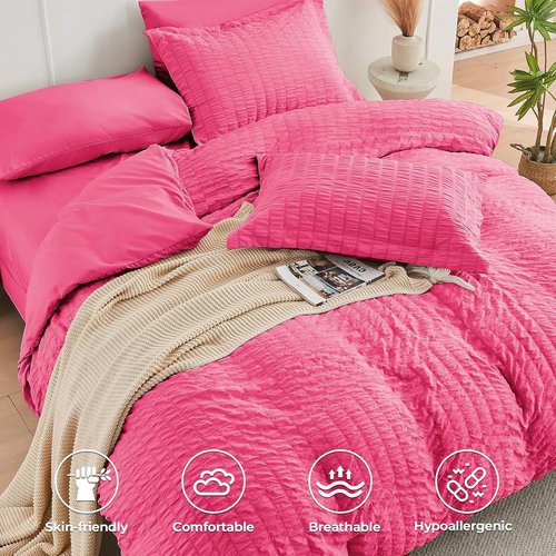 HYMOKEGE Twin Comforter Set - Hot Pink Seersucker 5-Piece Luxury Bedding Set | All-Season Comforter, Sheets & Pillowcase
