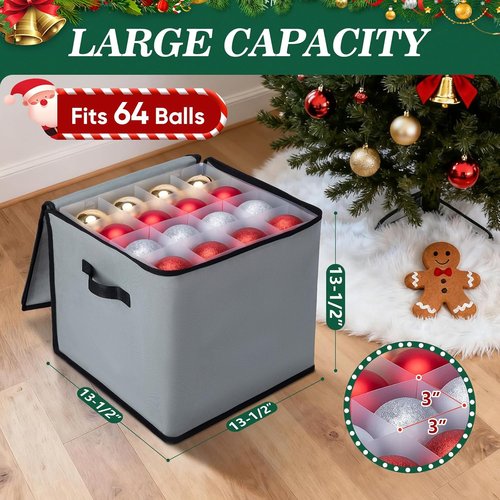 BALEINE Christmas Ornament Storage Box - Premium Holiday Container with Dividers for 64 Balls | Grey Soft Design