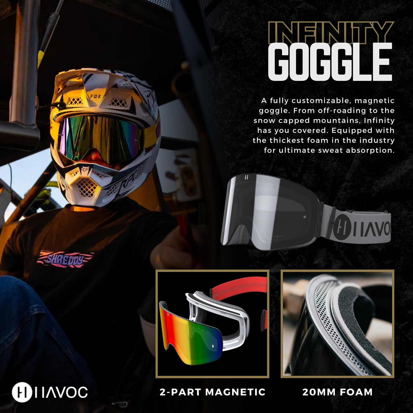 Havoc Racing Magnetic Frameless Goggles - For Motocross, Dirt Biking, Snowboarding, ATV, & UTV - Hammerhead Goggles, Clear Lens, & Hard Case Bundle