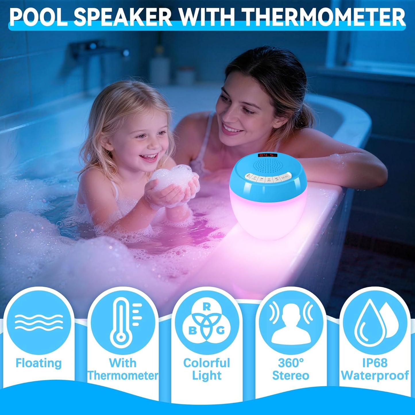 FluSing 3 1 IP68 in Floating Pool Speaker with Digital Thermometer,Bluetooth Pool Speaker with Colorful Lights,TWS