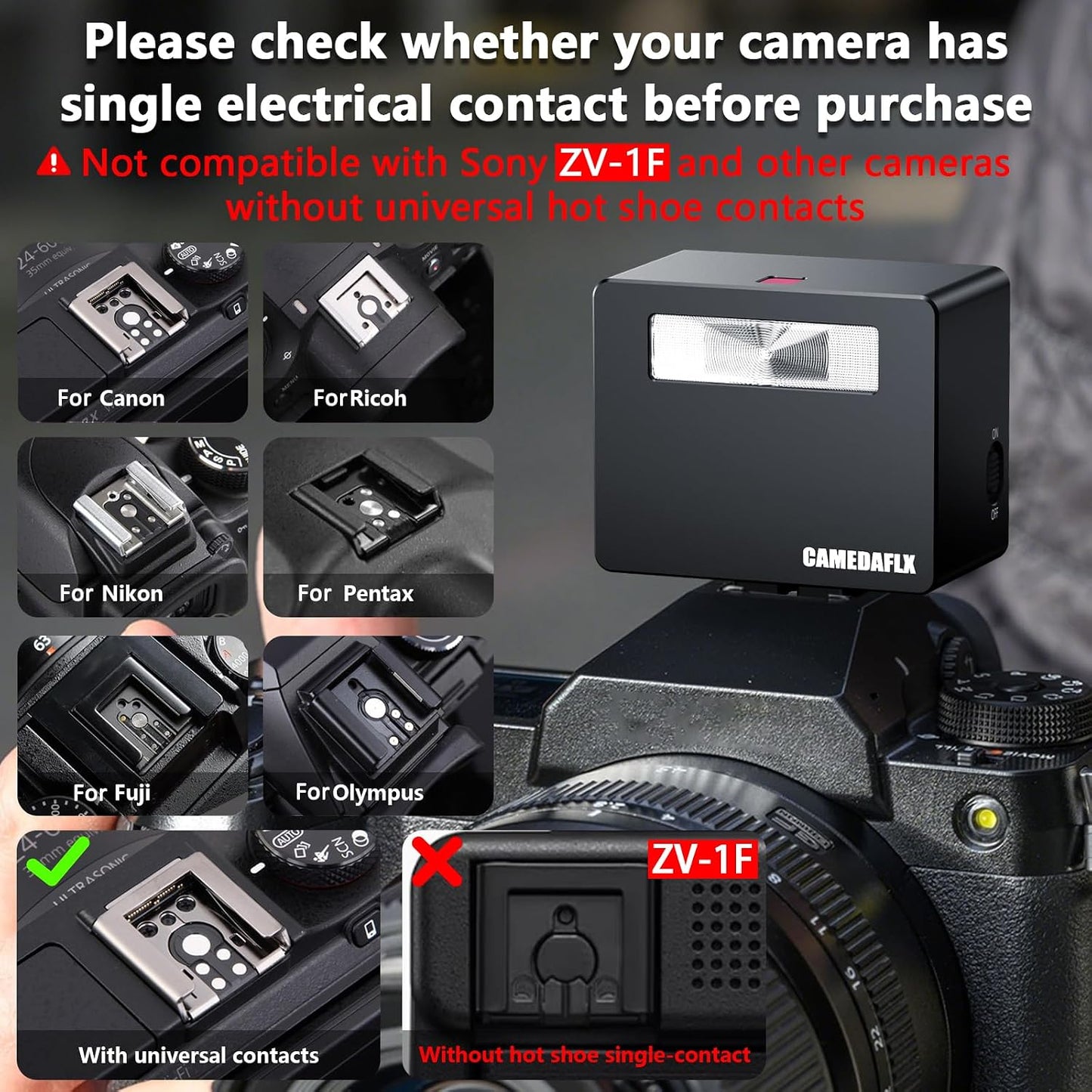 CAMEDAFLX CF1 GN15,7 GR3/Canon/Nikon/Sony ZV1/Fuji/Mini Mini Camera Flash Aluminum Camera Flash Power Levels Hot Shoe