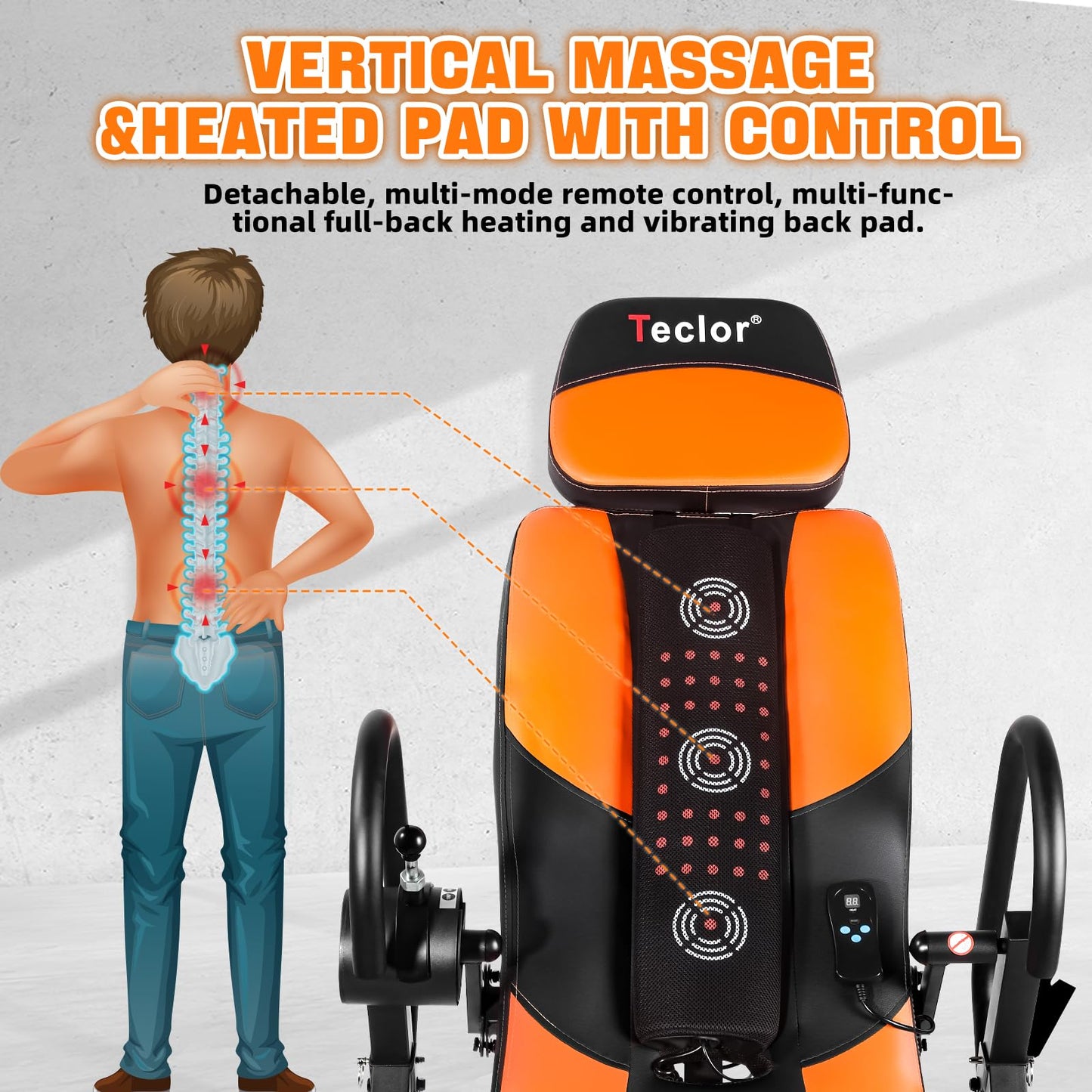 Teclor Inversion Table,Advanced Heat and Massage Function,Strength Training Inversion Table for Back Pain Relief,Heavy Duty Inversion Table 350 lbs Capacity with Wider and Thickened Backrest