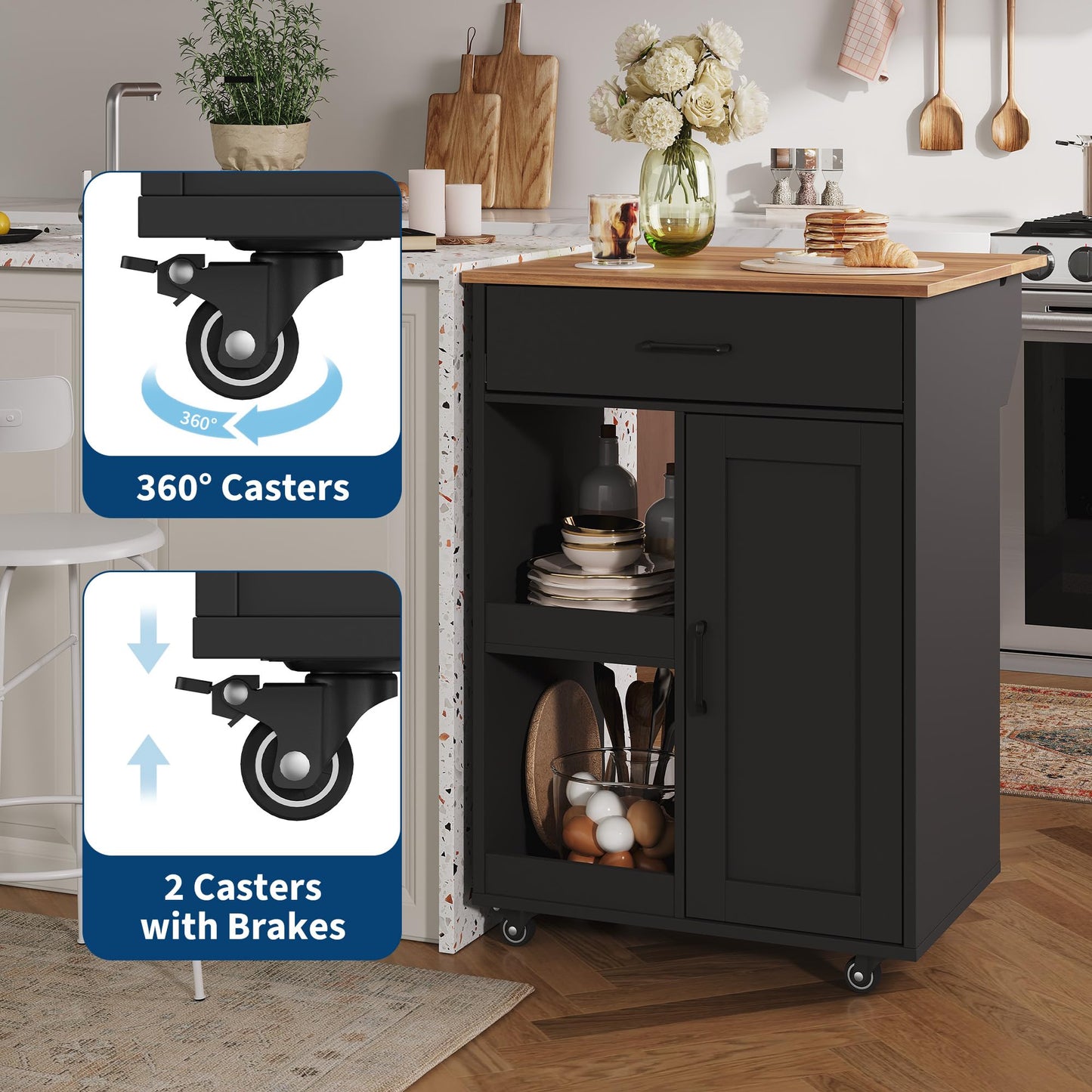 GarveeLife Kitchen Island with Drop Leaf, Rolling Kitchen Island on Wheels with Storage, Island Cart with 2 Open Shelves,1 Drawer for Kitchen, Dining Room