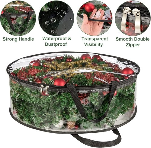 Clear Wreath Storage Bag by [Brand Name] - Heavy Duty PVC Protector for 24x8 Inch Christmas Wreaths | Includes Handle