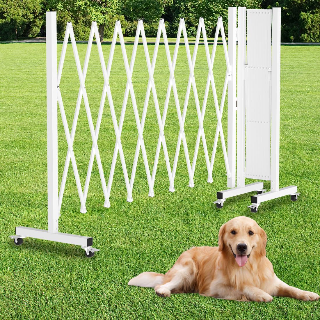 Expandable Driveway Gate, Portable Barricade Gate with Casters, Metal Folding Security Gate, 209" Wide Aluminum Expandable Garden Fence, Outdoor Dog Fence for Yard (White, 213)