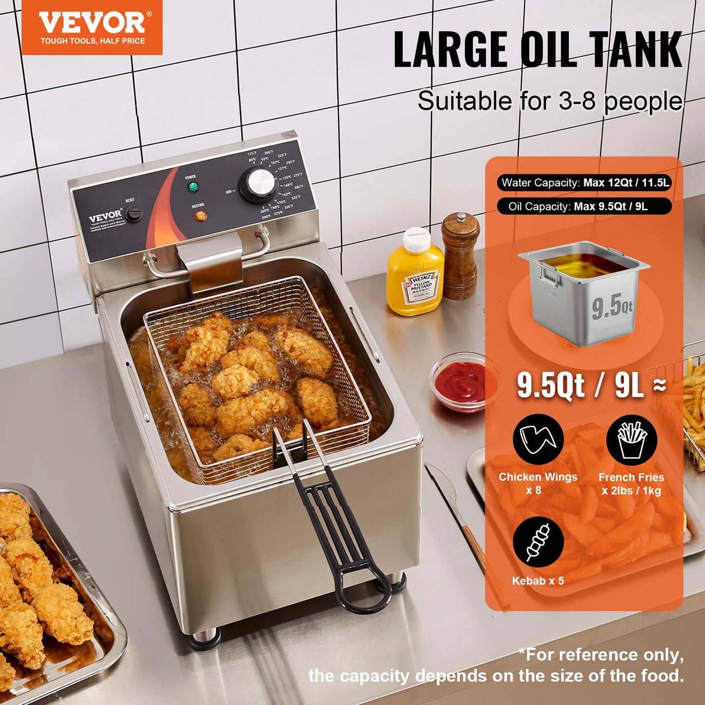 VEVOR Commercial Deep Fryer, 1750W Electric Countertop Fryer with Basket & Height-Adjustable Feet, 12Qt / 11.5L Stainless Steel Single Oil Fryer, Temp Control, Overheat Protection, for Restaurant Use