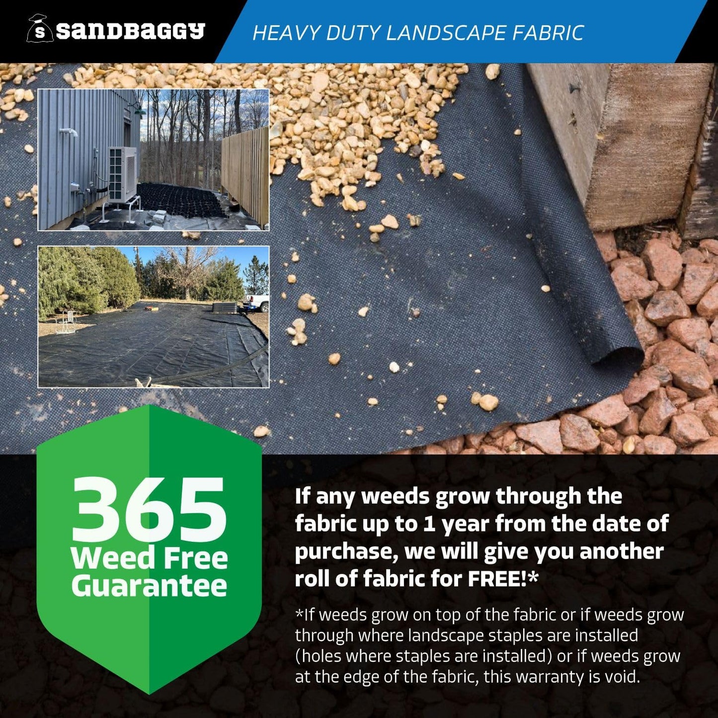 Sandbaggy 15 ft Heavy Duty Landscape Fabric | 50 Year Fabric | 6 oz Extra Thick Weed Barrier | Rock & Gravel Landscaping | UV Resistant | 365 Weed Free Guarantee (15 ft x 25 ft, 1, Count)