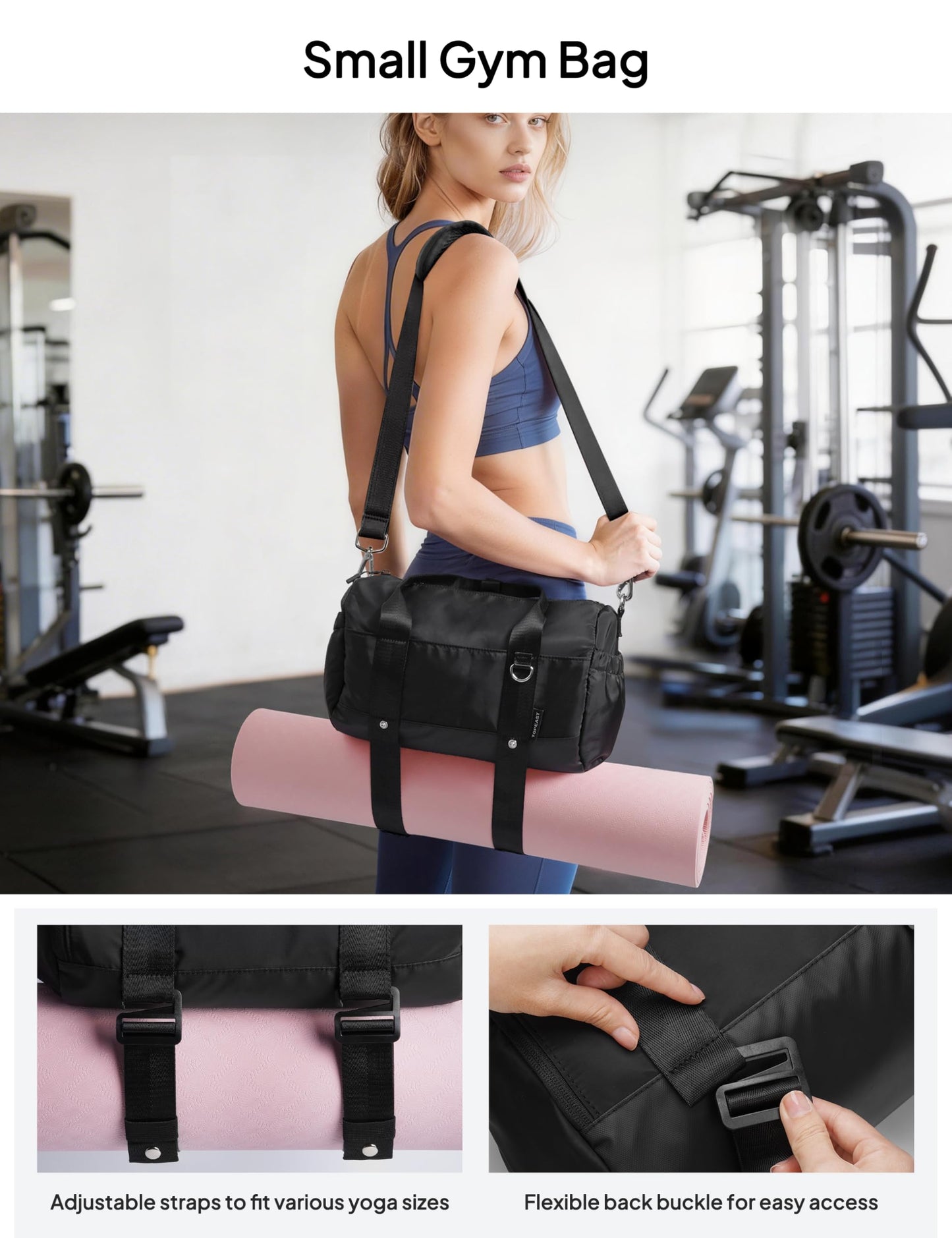 TOPEAST Small Gym Bag for Women, Mini Sports Yoga Bag Gym Tote Bag with Yoga Mat Holder, Small Sports Duffle Bag with Water Bottle Pocket & Wet Pocket for Travel Dance Workout, Black