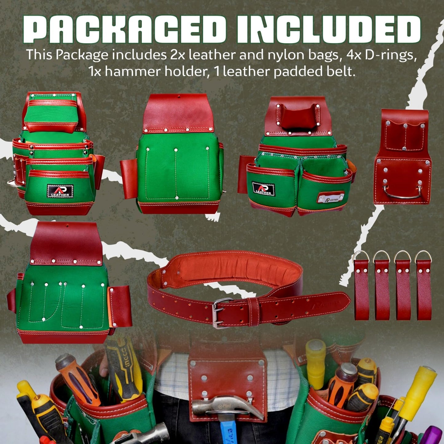 AP-LEATHER Full Grain Leather & Nylon Heavy-Duty Tool Belt Pouch with Suspender & Nylon, 28 Pocket, EVA Foam Padded Comfort, Adjustable 30"-50" Fit (Green)