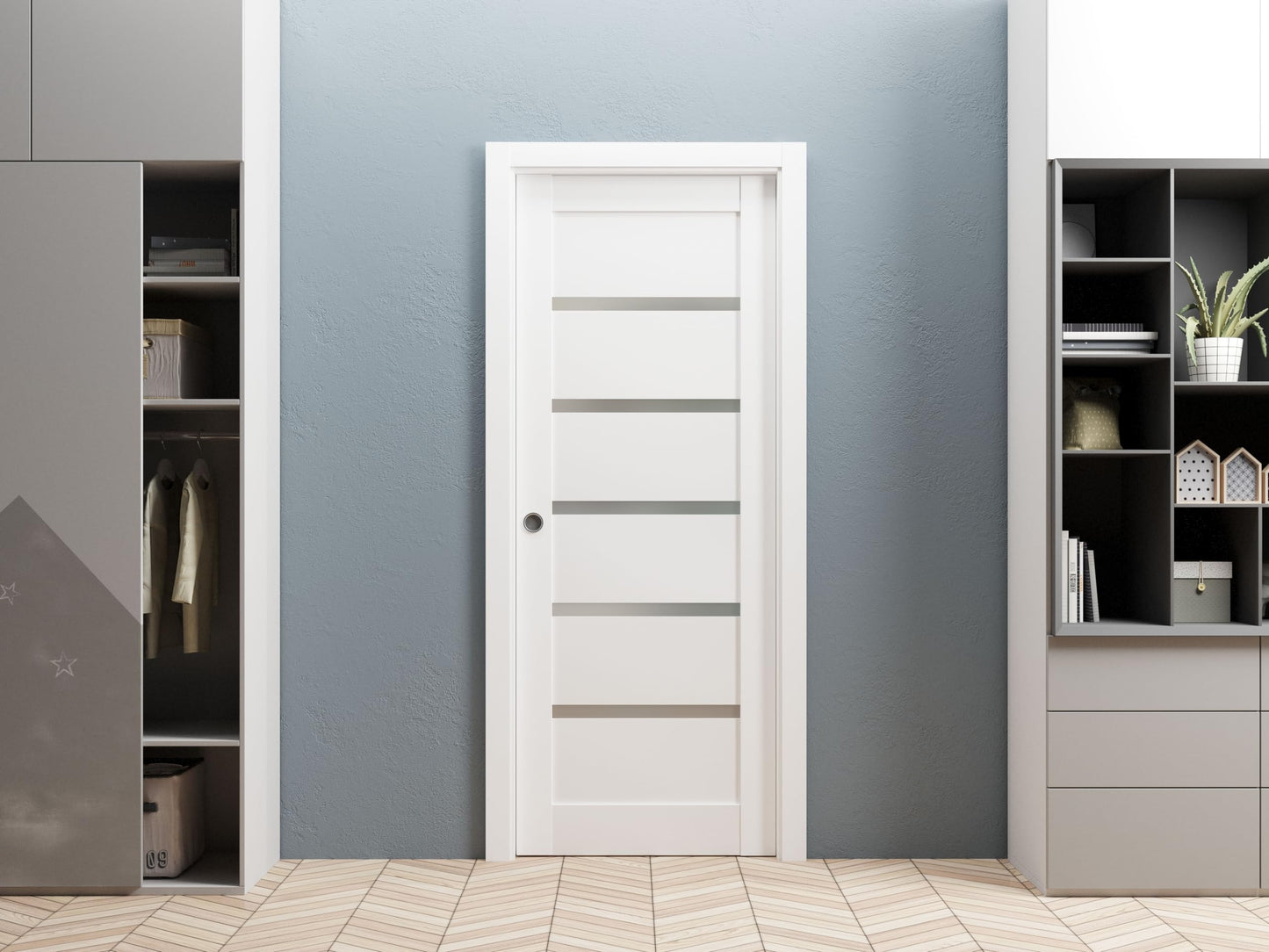 SARTODOORS Quadro 4117 | Interior French Single Pocket Door with Frosted Glass, MDF, 18x80, White, Modern Style | Hardware Included